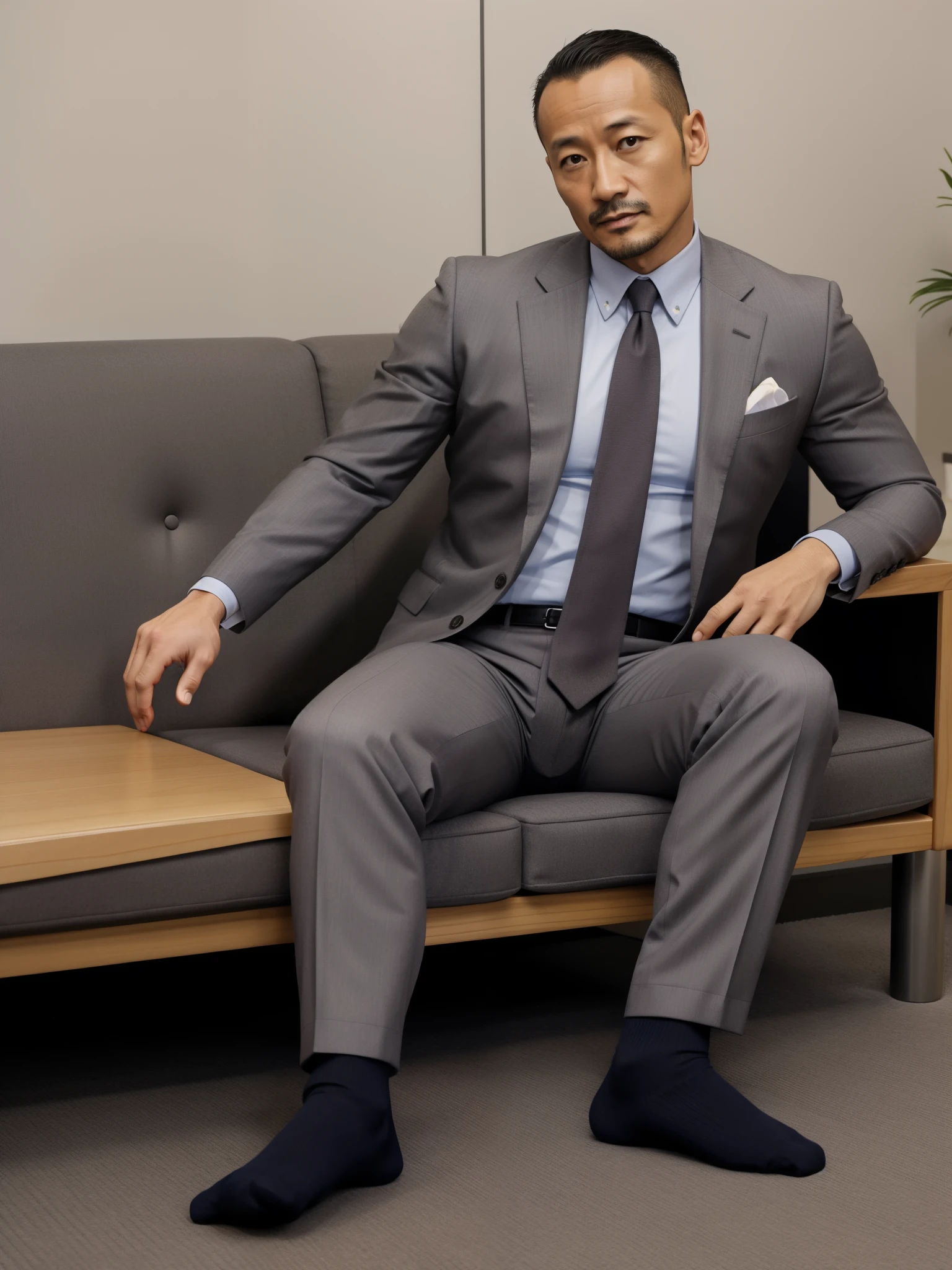 40 years old,Hidetoshi Nakata,(Kogoro Mori 1.3),whole body,Lean,muscle,office,grey socks,Suit,Feet raised,sofa,Baldhead ,transparent,Thick body hair,underwear,Topless,Densely hairy,Fortitude,HD,With a mustache