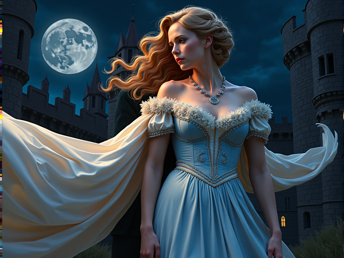 Henry Cavill hugs Ellie Bamber with blond wavy hair,blond lady, adorning a Victorian blue dress, s, in an age-accurate portrayal, their figures radiating realism with precise anatomy and proportions, under the moonlight, in the grandeur of an ancient castle setting , her plump lips and European face illuminated with a mesmerizing look at the viewer, a shiny necklace around her neck, love, romance,man is taller than woman