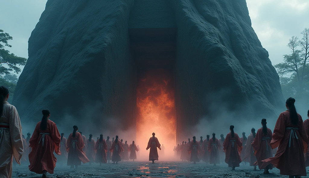 Dozens of shrine maidens are performing Kagura in front of a huge rock.。The rock covers the entrance to the cave。It's like the Heavenly Rock Cave.。A disaster emerges from the gap between the rocks and the cave.々A terrible miasma is leaking out.。It's dusk