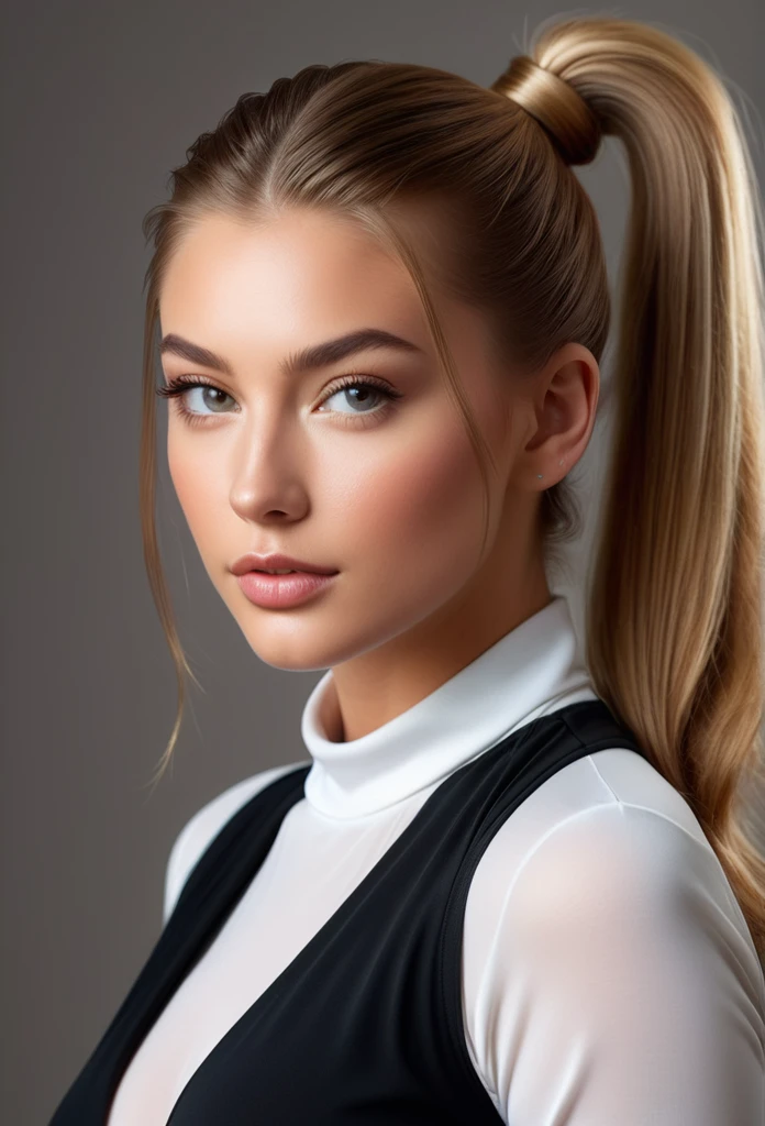 Sexy Hailey Grice portrait of her facing the camera with soft even lighting and her hair pulled back in a ponytail, , looking right at the camera high quality, masterpiece, UHD (facing the camera) (front view)  flat, even lighting 