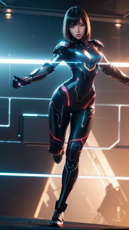 futuristic of the cybermatic female in cyber armor blend into the human body , dynamic pose, mediumong shot ,photorealistic ,soft cinematic light, ultra sharp ,8K ,HDR
