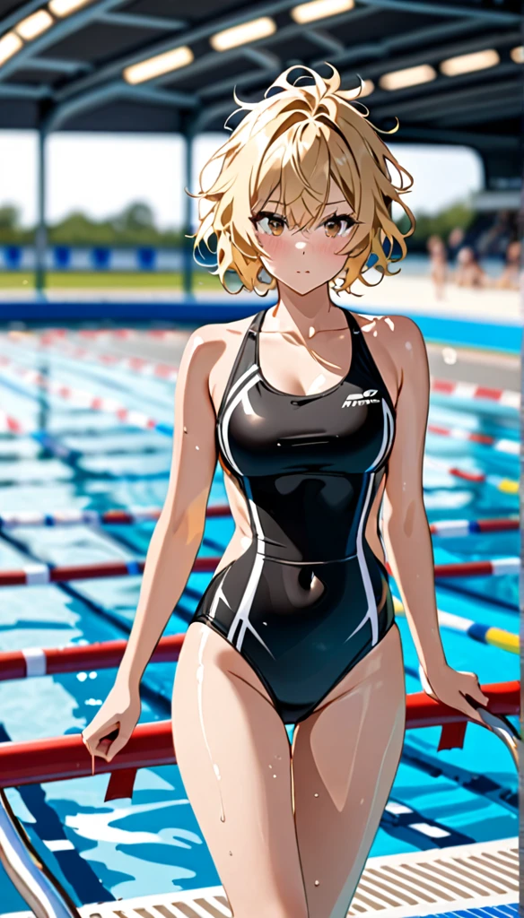 Beautiful and blond, messy hair short hair, black swimsuit, pool, racing track, blur background