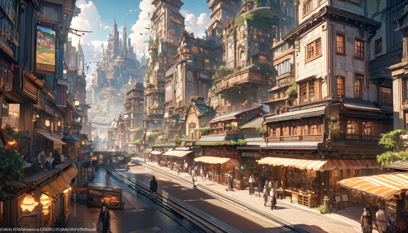 masterpiece, 8K, best quality, Very detailed, prosperous scenery & A bustling dream town with high-tech buildings