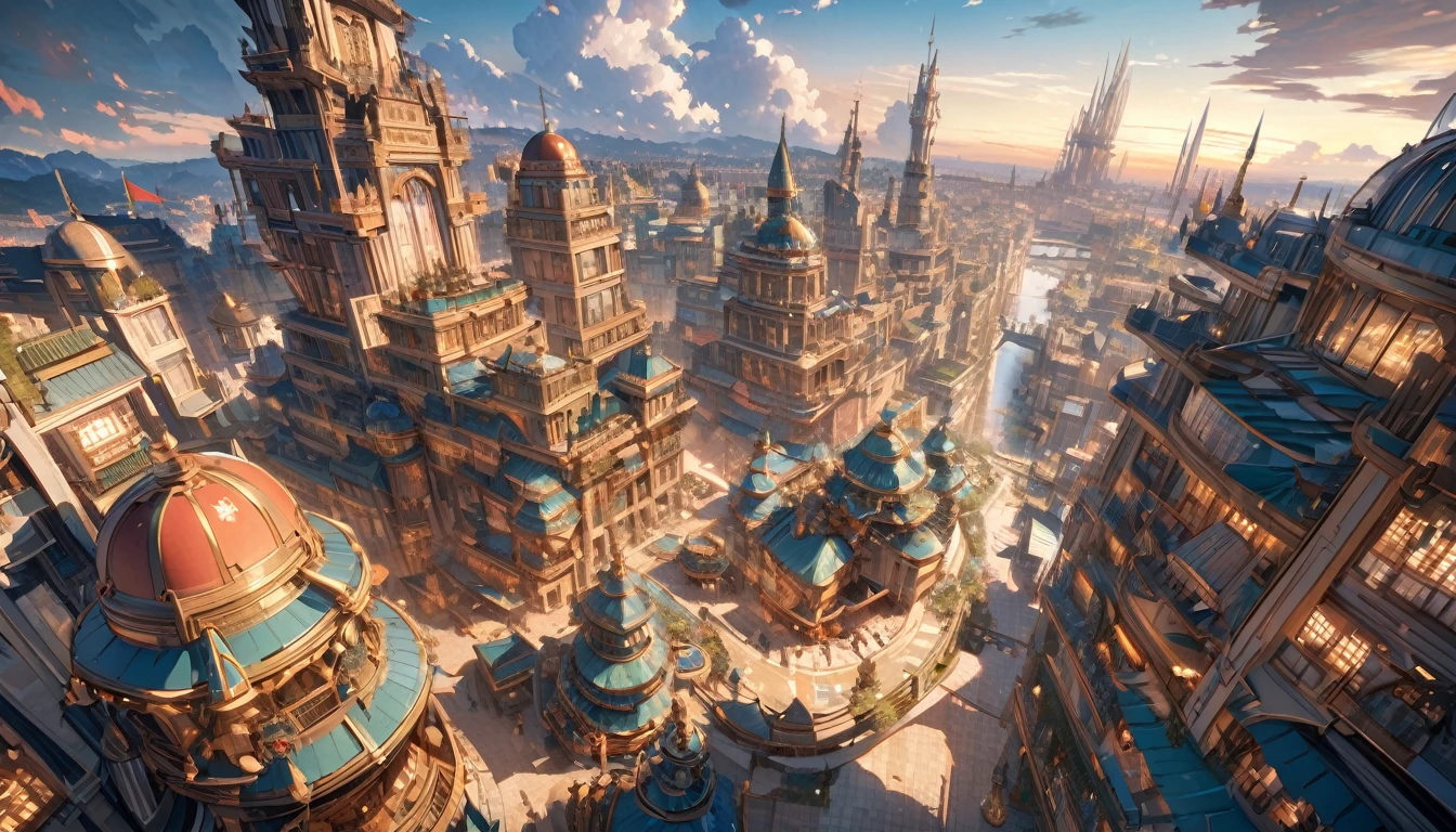 masterpiece, 8K, best quality, Very detailed, prosperous scenery & A bustling dream town with high-tech buildings