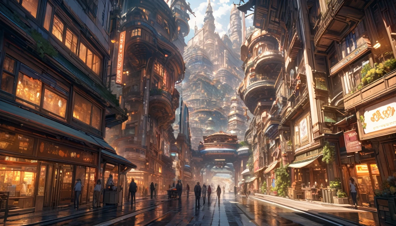 masterpiece, 8K, best quality, Very detailed, prosperous scenery & A bustling dream town with high-tech buildings