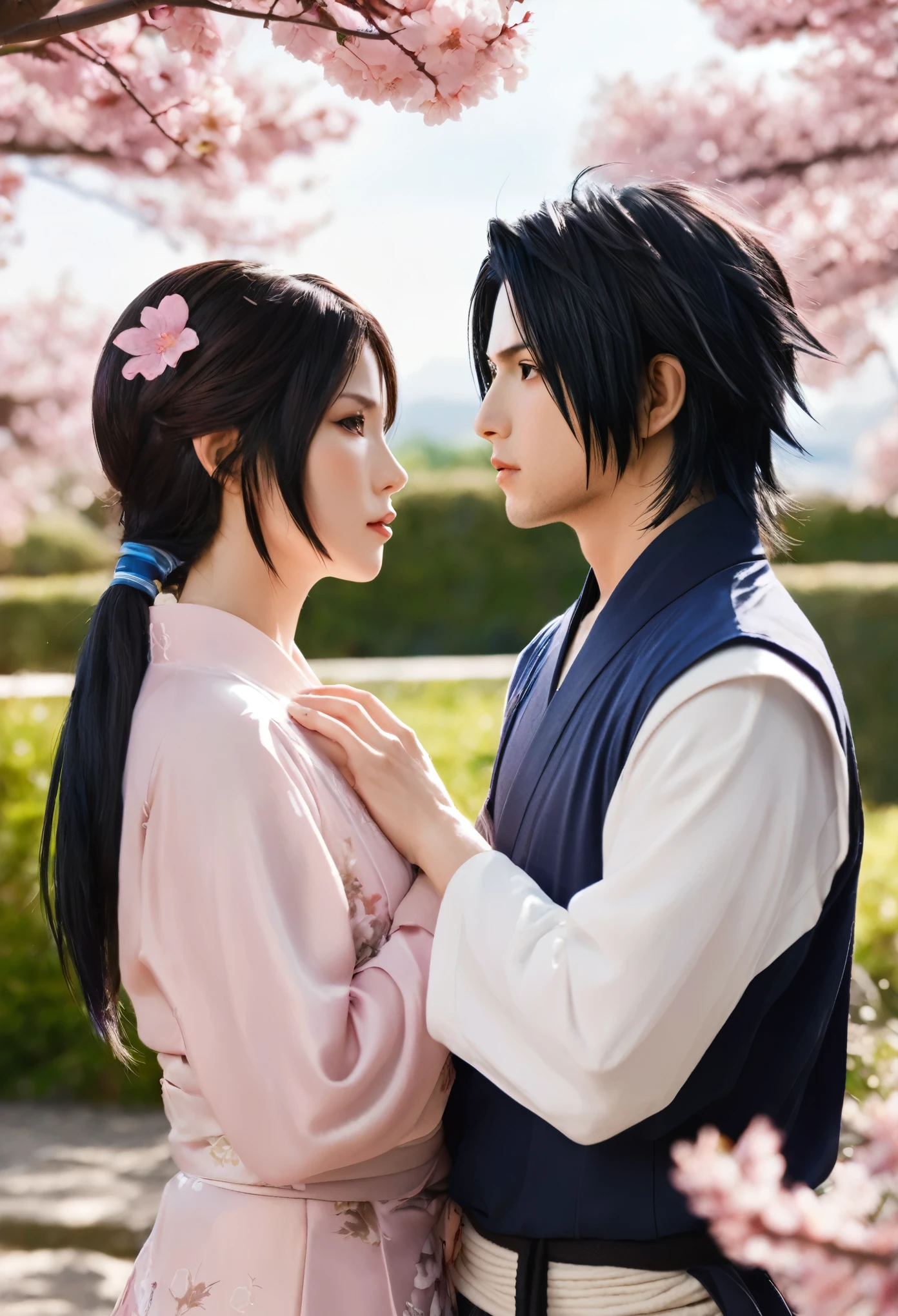 a highly detailed, romantic photograph of sasuke and sakura, masterpiece, 8k, photorealistic, hyper detailed, extremely sharp focus, vivid colors, soft lighting, smooth skin, beautiful eyes and lips, flowing hair, elegant pose, lush garden background, natural lighting, cinematic composition