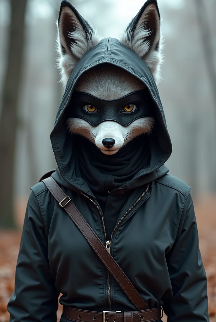 grey furry fox girl robber with mask in ninja suit