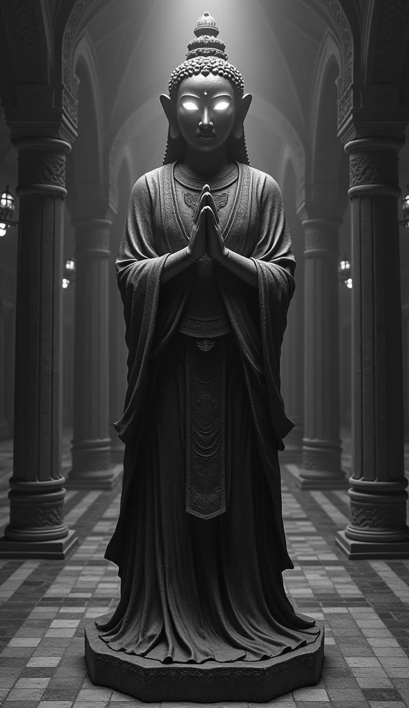 A mysterious The statue is standing statue inside the 'Nirvanashil' monastery. The idol's eyes are glowing as if the idol is alive realistic black and white