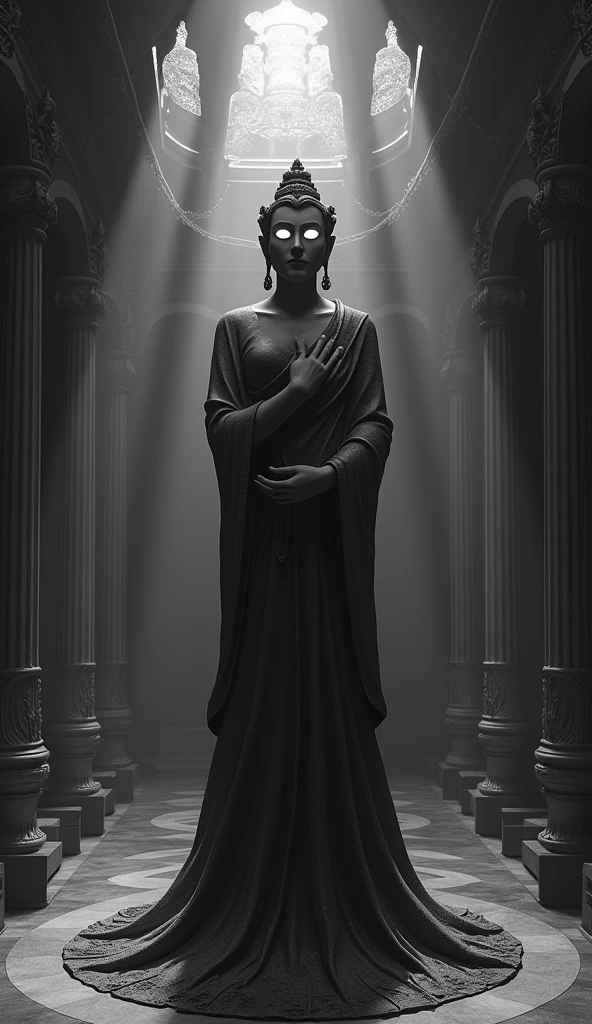 A mysterious The statue is standing statue inside the 'Nirvanashil' monastery. The idol's eyes are glowing as if the idol is alive realistic black and white