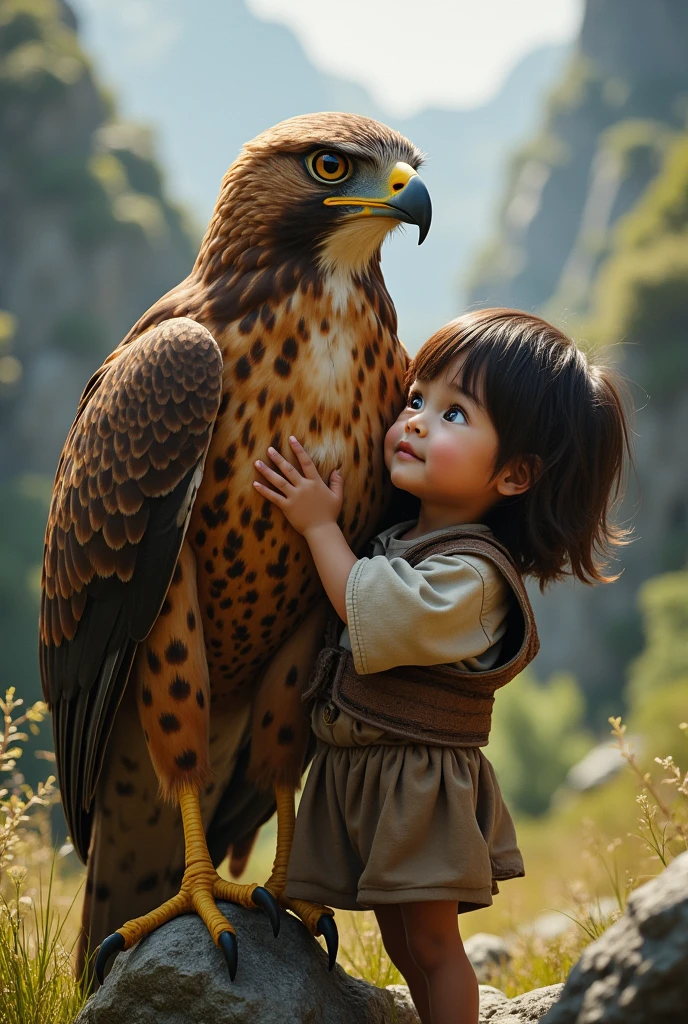 a child holding a large hawk
