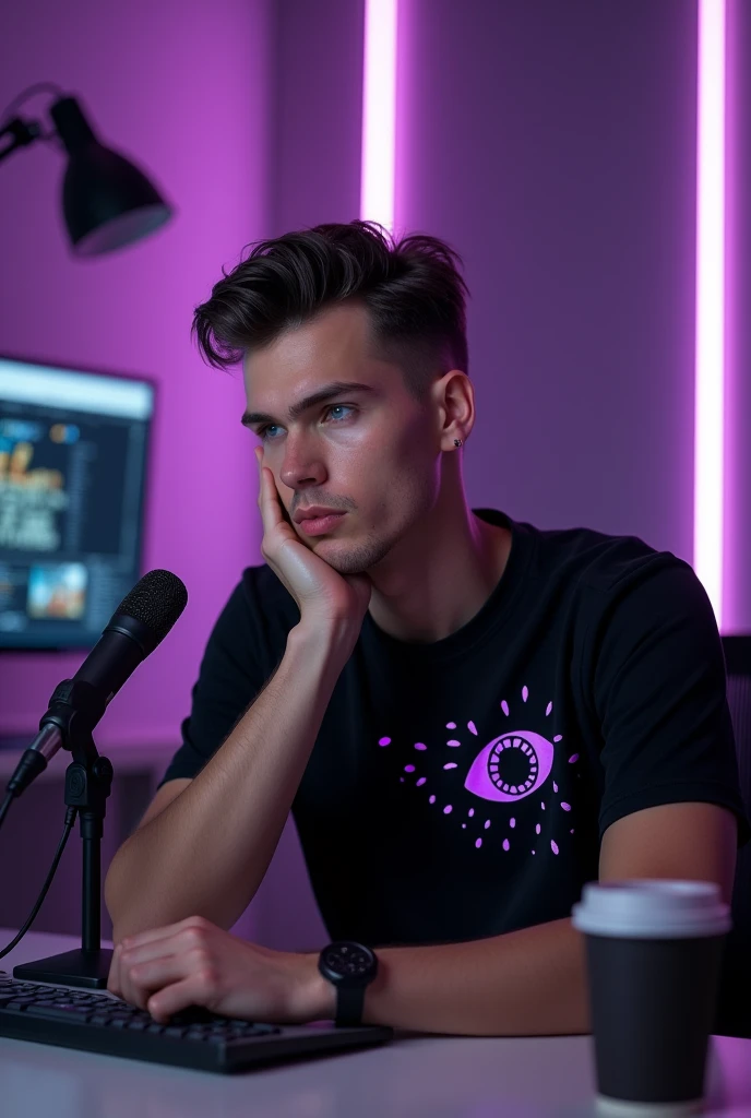 beautiful photo of a man age of 24 to 25, weight something 55 to 57 kg , wearing a black t shirt costume, with purple eye dots A stunning intricate full color photo of (sks man:1), epic character composition, by ilya kuvshinov, alessio albi, nina masic, sharp focus, natural lighting, subsurface scattering, f2, 35mm, film grainThe image shows an individual sitting at a desk with a microphone in front of them, suggesting they might be hosting a podcast, conducting an interview, or doing some other audio recording activity. The background features blurred purple lights, giving the setting a modern and tech-savvy vibe. There's also a disposable coffee cup on the desk, adding a casual touch to the professional setup.