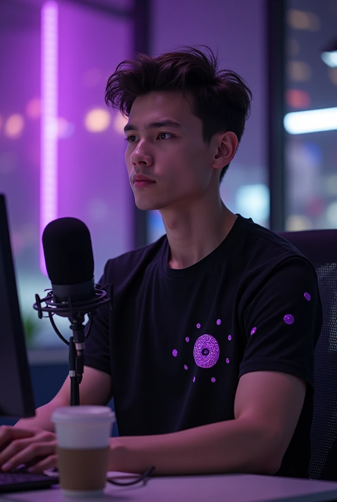 beautiful photo of a man age of 24 to 25, weight something 55 to 57 kg , wearing a black t shirt costume, with purple eye dots A stunning intricate full color photo of (sks man:1), epic character composition, by ilya kuvshinov, alessio albi, nina masic, sharp focus, natural lighting, subsurface scattering, f2, 35mm, film grainThe image shows an individual sitting at a desk with a microphone in front of them, suggesting they might be hosting a podcast, conducting an interview, or doing some other audio recording activity. The background features blurred purple lights, giving the setting a modern and tech-savvy vibe. There's also a disposable coffee cup on the desk, adding a casual touch to the professional setup.