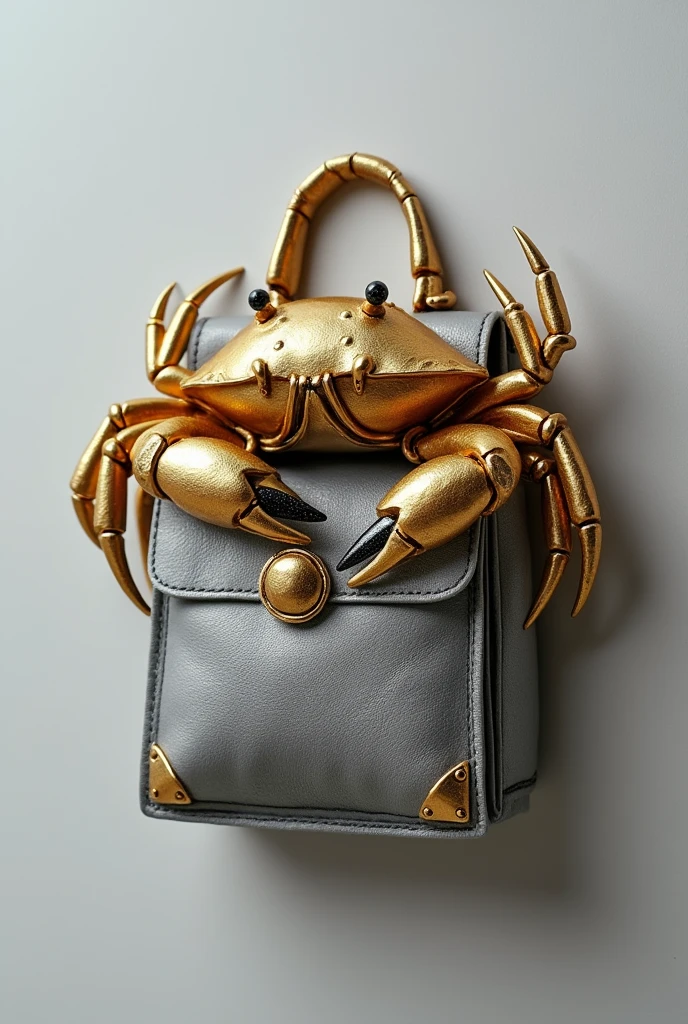 Make a silver schoolbag and a golden crab coming out of it and the crabs hand is black ston make the picture like a real jewellery