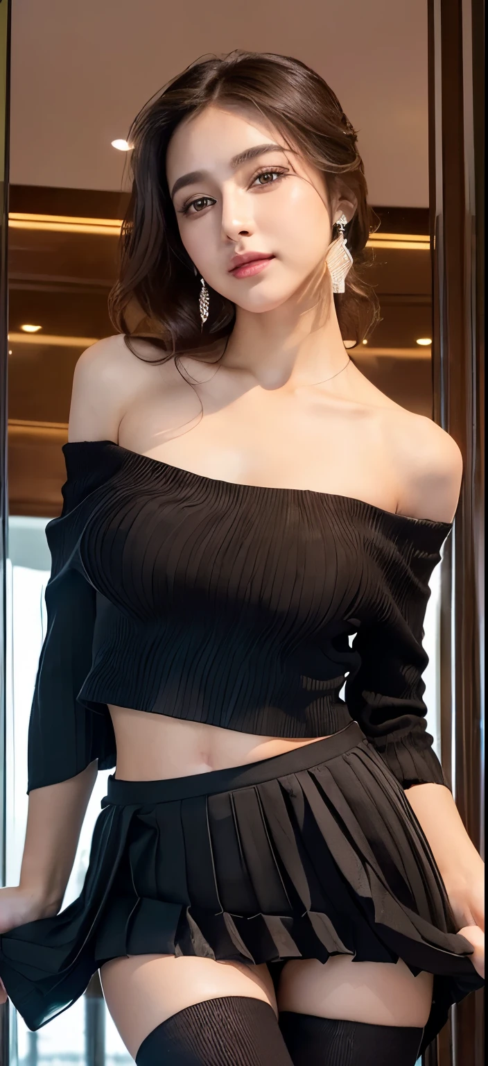 (((masterpiece:1.4, Highest quality:1.4, 8k,))), Ultra-high resolution, Physically Based Rendering, Portraiture, Super beautiful sexy woman, 24-years-old, Large eyes with great detail, Fine thin eyebrows, Eye highlights, (Dark brown super long straight half up hairstyle), Highly detailed face and skin texture, Clear focus:1.2, Slender beauty:1.4, ((Huge breasts:1.5)), Slim Abs, Tight waist, (A kind smile:1.2), ((Transparent black cropped tight knit, Side bust:1.3, Off the shoulder:1.4, No sleeve, Pleated mini skirt, Skirt Lift:1.6)), ((No pants:1.4)), (Standing with legs wide apart:1.3), ((Beautiful pussy exposed:1.4, pubic hair)), ((Skyscraper night view:1.4, Luxury pool room, An all-glass hotel)), (((A large amount of glowing particles flying through the air:1.2))), (((Look forward, From below))),