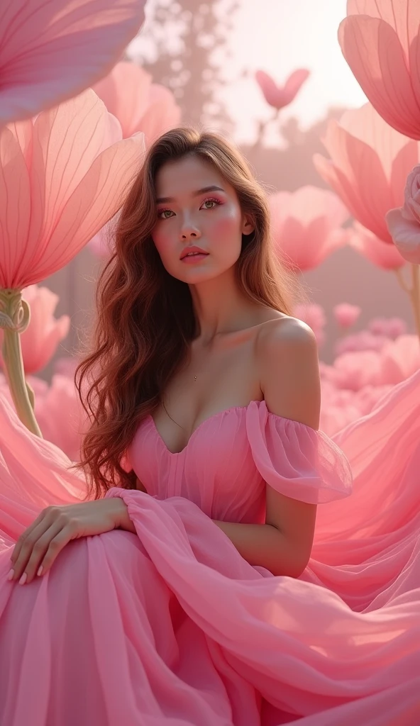 a captivating scene featuring a beautiful woman, of 35 years old, with long brownish hair, green eyes, bright pink makeup, in an otherworldly and dreamy environment that blends elements of fashion and nature. The woman is dressed in an elegant, flowing gown in vibrant soft pink that seamlessly integrates with large, petal-like shapes around her. Her graceful pose, expressive demeanor, and the overall ambiance of the image suggest notions of freedom, elegance, and transcendence. The soft lighting enhances the textures and colors, in the style of photorealism, using a Canon EOS R5 camera with a standard lens