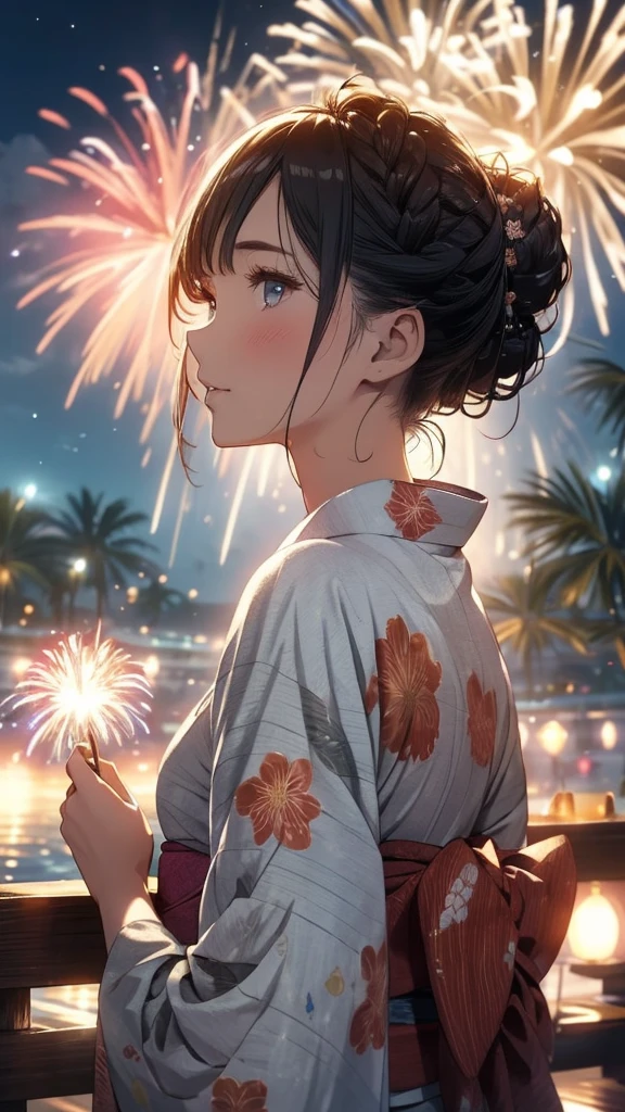 Mysterious and fantastical artwork,best quality,best masterpiece,depth of field,cinematic lighting,detailed beautiful face and eyes and hair,Chignon hairstyle,natural make,big fireworks,A woman wearing a yukata made with exquisite detail,perfect anatomy,yukata,looking up sky