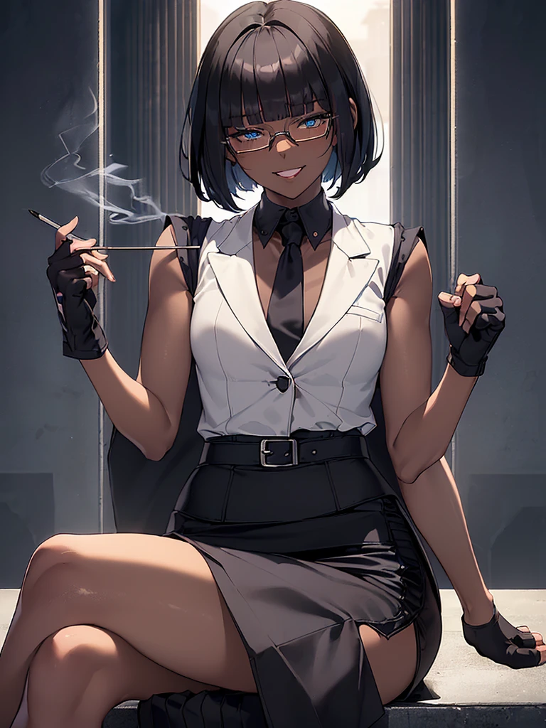 (masterpiece:1.2), highest quality, High resolution, unity 8k wallpaper, (fine and beautiful eyes:1.6), highly detailed face, perfect lighting, Detailed CG, (perfect hands, perfect anatomy:1.3), (1 femmale:1.4), (20 years old femmale:1.4),( black hair:1.3), extremely beautiful detailfeminine face and eyes, (evil smile:1.3), detailed eyes, best quality,( dark skin:1.8), extremely detailed, very precise detailed,(glasses:1.3), (blunt bangs:1.3), open mouth, (very short hair:1.4),(fingerless gloves:1.5), (half closed eyes:1.5),(business suit:1.6),boots,(flat chest:1.4),(cigarette in mouth:1.2),sitting,(long pencil skirt:1.3),(long skirt in slit:1.6),(crossed_legs:1.3),
