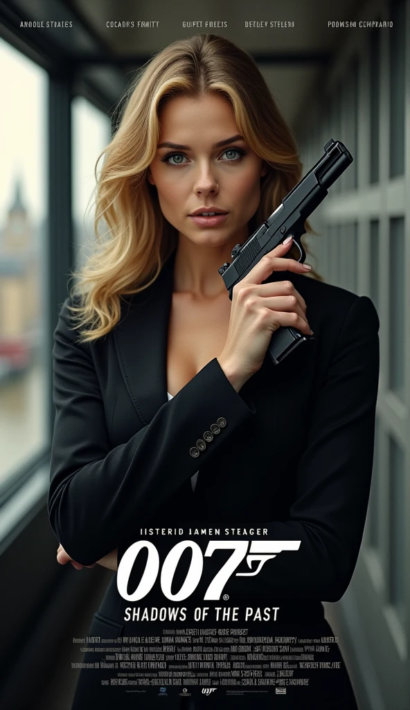 A striking and appealing cinema poster featuring a stylish full body portrait of  a  Beautiful blond Scandinavian young women in a evening dress ,style of a bond girl with silencer pistol in James Bond liked pose
The title of the film "007: Shadows of the Past" is large and easy to read, in a distinctive font.
Background: A thematically appropriate  an London Skyline
Credits: At the bottom of the poster are  names of the main actors, director and other key contributors, production studio.