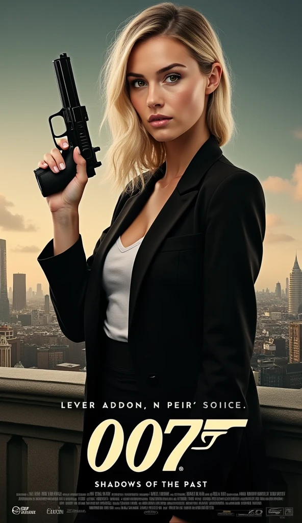 A striking and appealing cinema poster featuring a stylish full body portrait of a Beautiful blond Scandinavian young women in a evening dress ,style of a bond girl with silencer pistol in James Bond liked pose
The title of the film "007: Shadows of the Past" is large and easy to read, in a distinctive font.
Background: A thematically appropriate an London Skyline
Credits: At the bottom of the poster are names of the main actors, director and other key contributors, production studio.