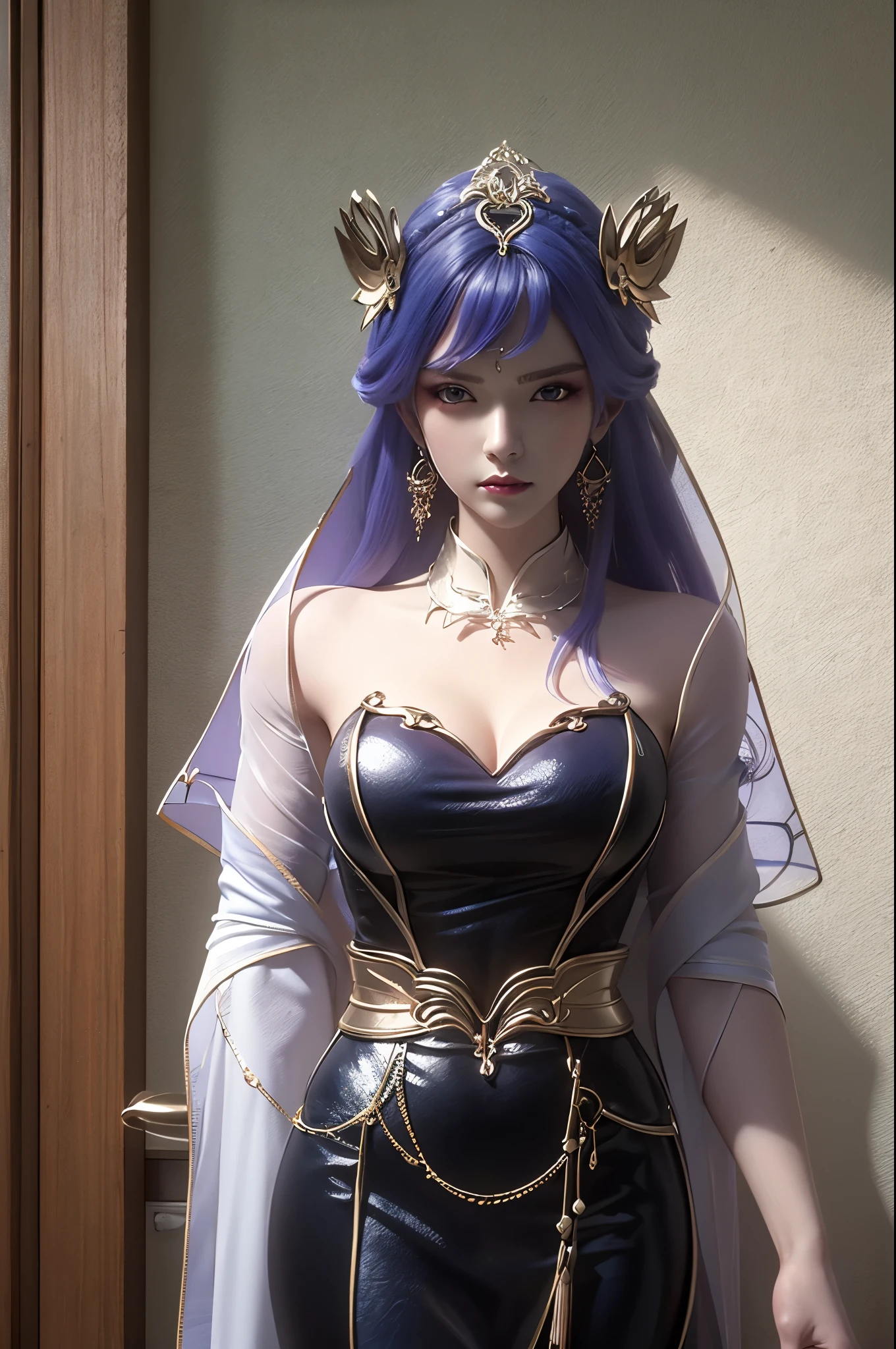 Tianqiong, Door Art, 1 Girl, Jewelry, Hair accessories, Solitary, earrings, Long hair, blue eyes, Blue Hair, Looking at the audience, necklace, Purple Hair,masterpiece,HDR,Ultra HD,8K,best quality,photography,