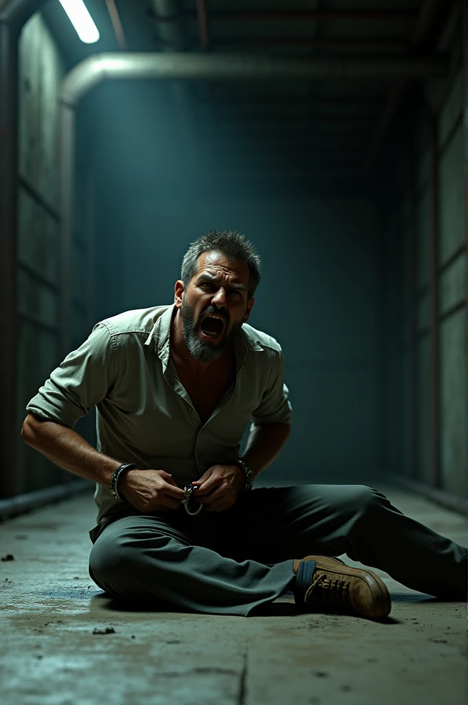 A man tied up with a handcuffs on the floor