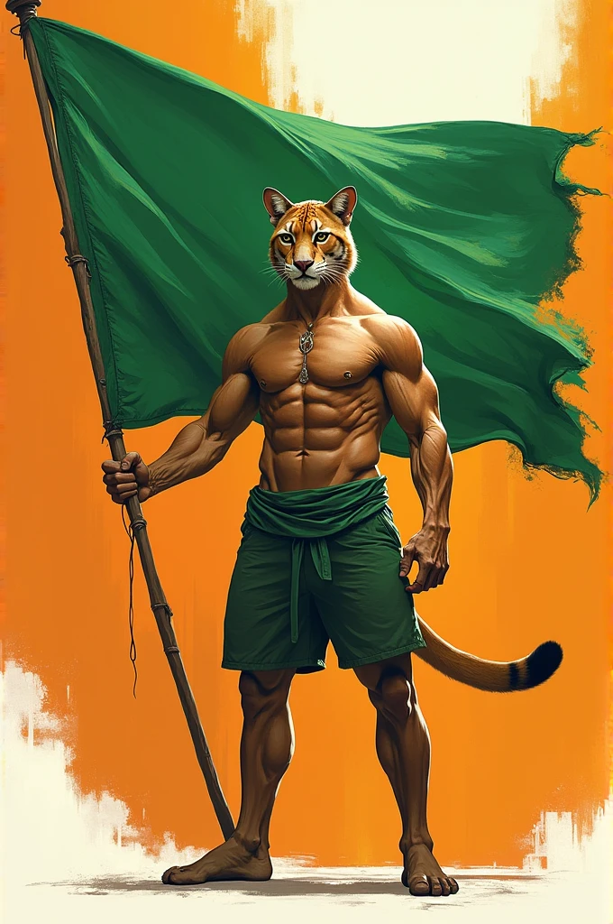 It shows a puma as a human with a green flag ,orange and white