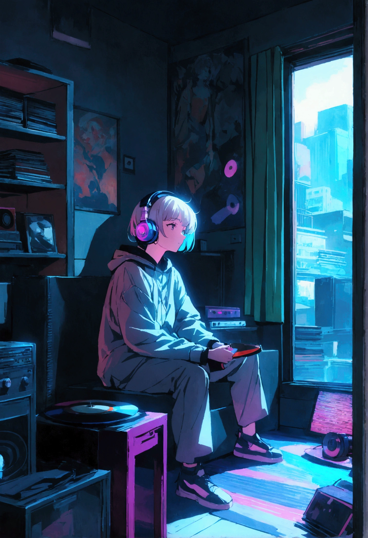1 person,Photo of a man wearing headphones and listening to music, Why in the text?, Very detailedな, Vintage Wave, cyber punk, relax, Light coming through the window, nightの風景, One Bedroom, 2D, (Shot from a distance), Wide Shot, (Movie noise), Old cartoons, (Many records: 1.3), vinyl record store, (masterpiece, Very high quality, Very high quality, Official Art, beautifully、beautiful: 1.2), (Very detailed, (Fractal Art: 1.4 ), guitar, (Note: 1.4), (Lo-fi hip hop), Side view, Old Anime Texture, alone, speaker, cyber punk, vinyl, night,Exquisite facial details,Cool guy