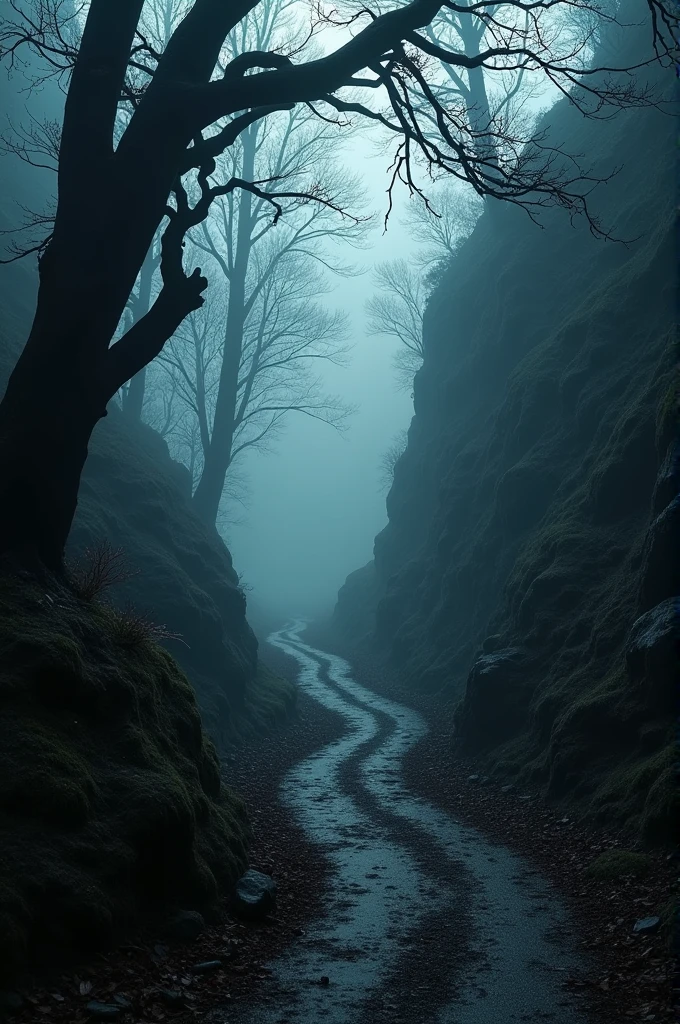 Creepy black shadows between the trees on the way down the mountain (16:9)