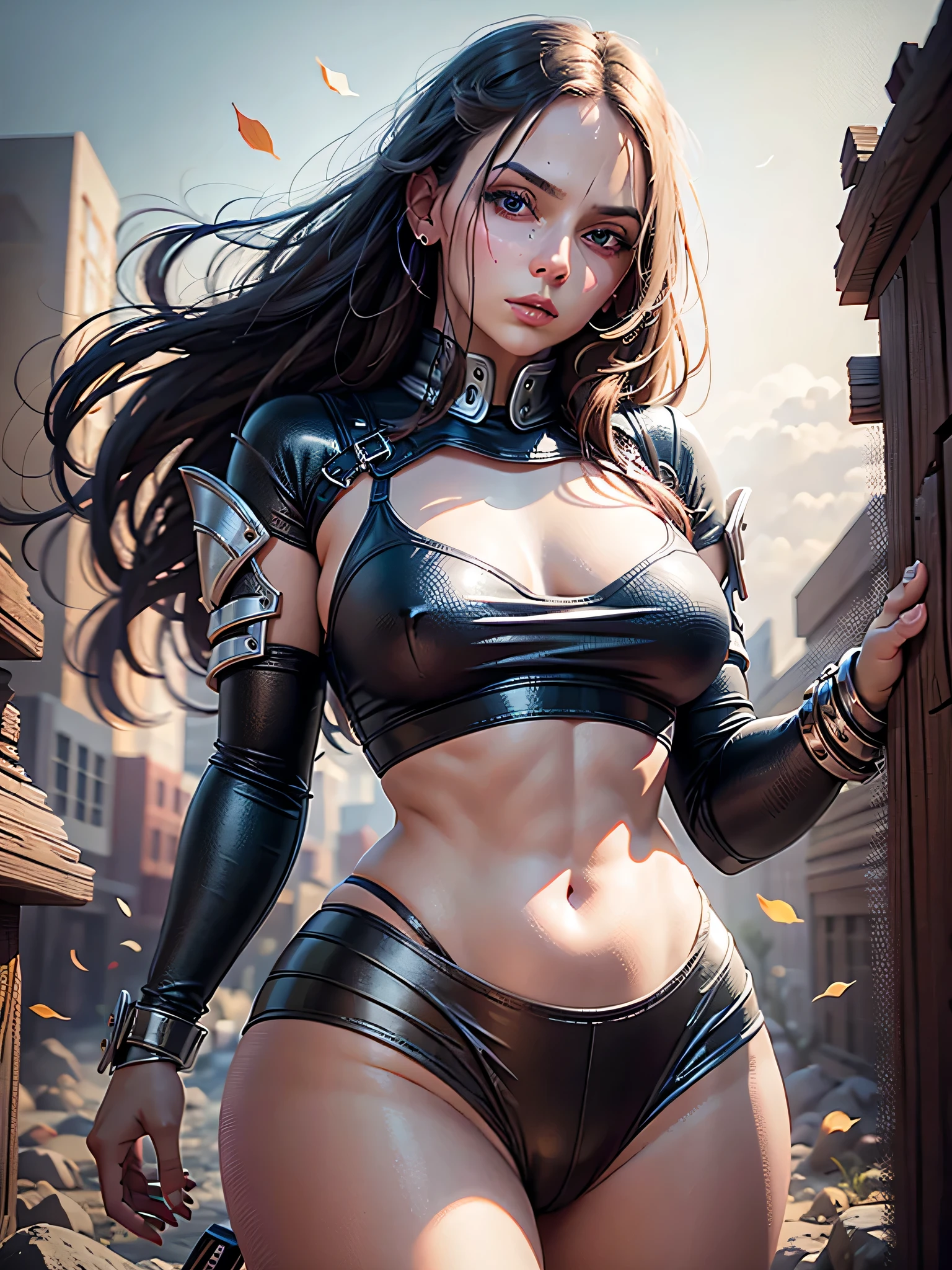 woman wearing a crop top, druuna, dark blue eyes, white crop top, red thong, full lips, big_boobs, best quality, realistic d4fn3