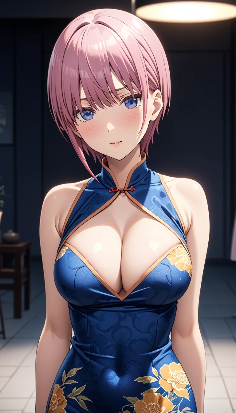 (Highest quality、Masterpiece、Very detailed、4K)、One Woman、、Pink Hair、short hair、(((Nakano Ichika)))、China dress、cleavage、Are standing