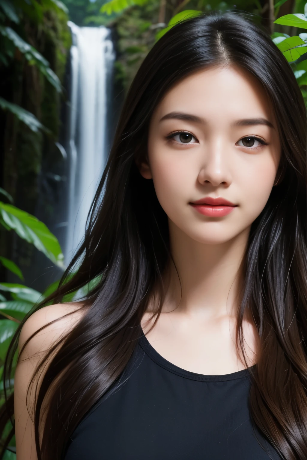(ultra realistic) , (illustration), (increase resolution), (8K), (extremely detailed), (best illustration), (beautiful detailed eyes), (best quality), (ultra-detailed), (masterpiece), (wallpaper), (detailed face), 1 girl, black straight hair, slender body, delicate details, in the dark, deep shadow, low key, pureerosfaceace_v1, happy smile, summer dress, waterfall, rainforest