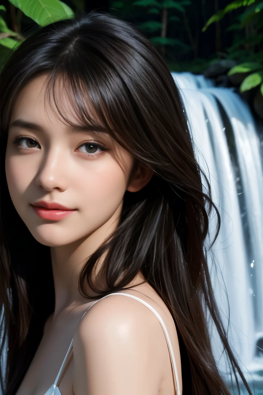 (ultra realistic) , (illustration), (increase resolution), (8K), (extremely detailed), (best illustration), (beautiful detailed eyes), (best quality), (ultra-detailed), (masterpiece), (wallpaper), (detailed face), 1 girl, black straight hair, slender body, delicate details, in the dark, deep shadow, low key, pureerosfaceace_v1, happy smile, summer dress, waterfall, rainforest