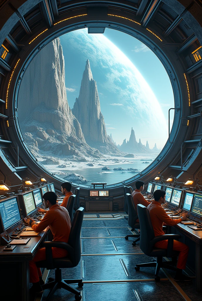 exterior of spaceship. You can see the scenery of an alien planet through the window, The entire space is filled with workstations with electronic devices and screens, Full HD