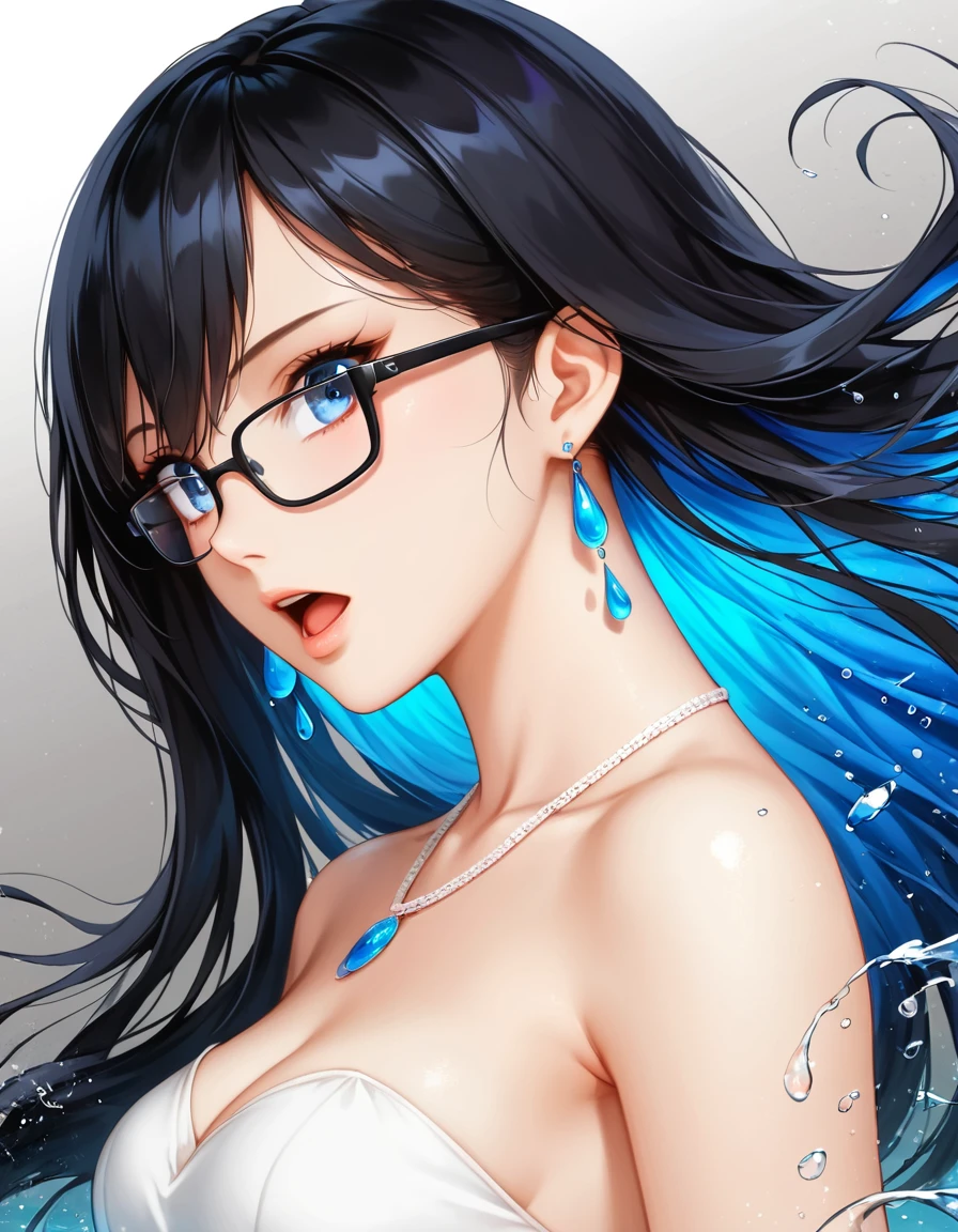 8k wallpaper, masterpiece, Movie Lighting, best quality, illustration, dramaticangle, ((color: 1.1)), ((color inner hair: 1.4)), 1 Girl, Solitary, Long hair, water, blue eyes, Black glasses, Necklace, Open your mouth, white Necklace, Liquid Hair Care, Black Hair, Bangs, from side, side, Upper Body, Simple background, Gray background, Bare shoulders, portrait, Looking at the audience, White Dress, Hair between the eyes, White background, earrings,