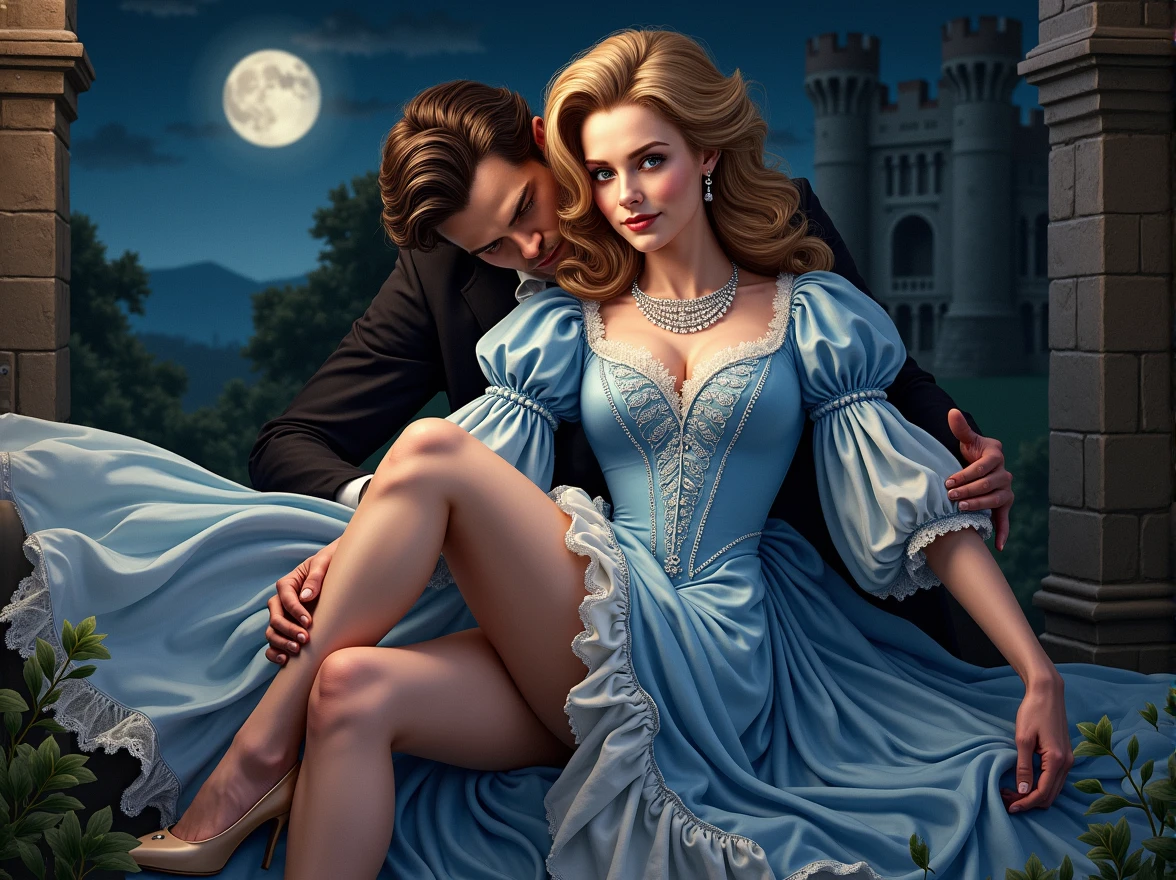 Henry Cavill hugs Ellie Bamber with blond wavy hair,blond lady, adorning a Victorian blue dress, s, in an age-accurate portrayal, their figures radiating realism with precise anatomy and proportions, under the moonlight, in the grandeur of an ancient castle setting , her plump lips and European face illuminated with a mesmerizing look at the viewer, a shiny necklace around her neck, love, romance,man is taller than woman