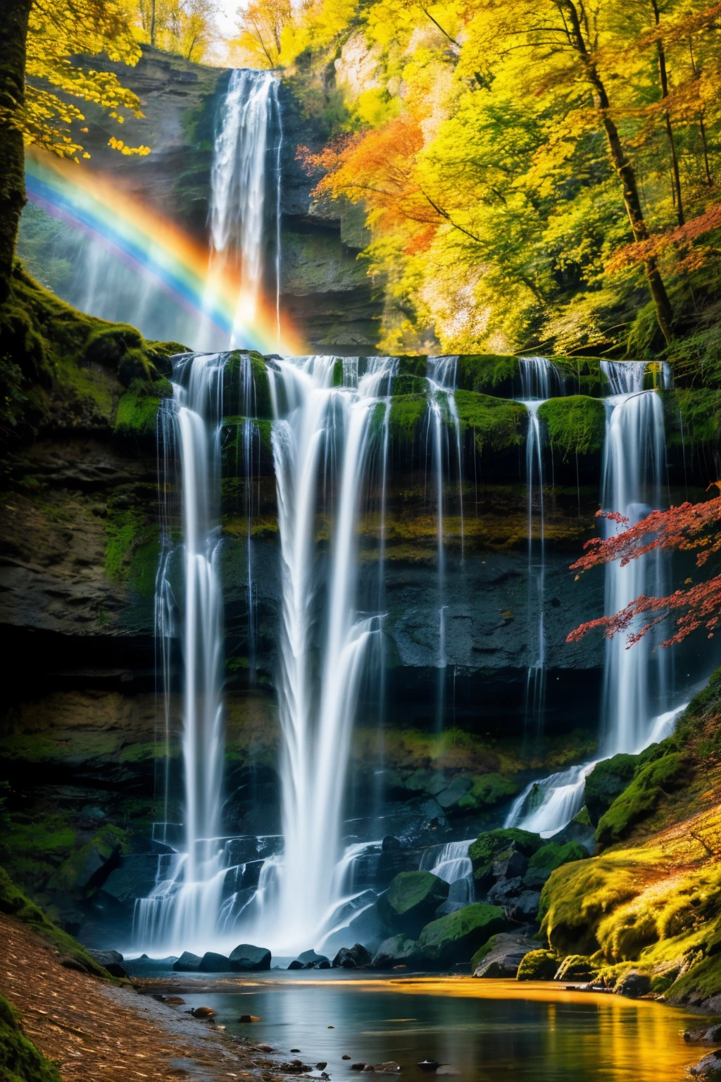 Beautiful land, mix seasons, colorfull, in the morning with sun rise, ultra HDR, aesthetic, falling leaps, waterfalls, rainbow, deers