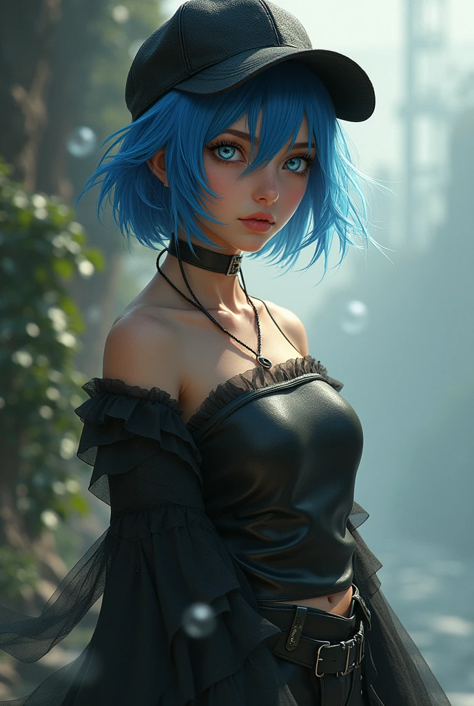 masterpiece, Best Quality, ultra detailed),(1 girl), blue eyes, short hair, king, dynamic angle, dynamic pose, natural lighting, floating, (color top:1.2|black cap), (Tight skirt:1.2|leather pants:0.9), (silver bracelet:1.2|look), (natural background:0.8| urban landscape), (smiling:0.8| serious expression), (light in hair), many drops of water:0.8