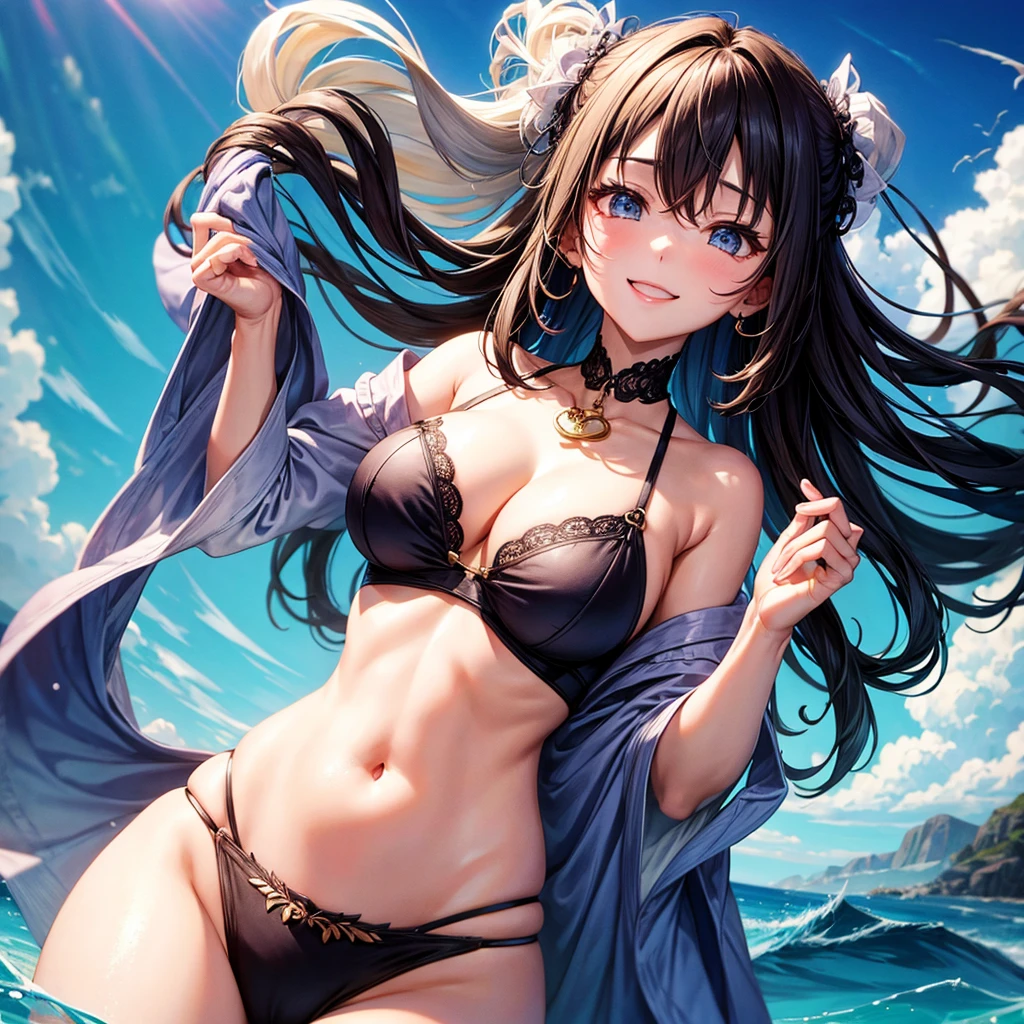 Big breast beauty、A motherly older sister、Shoulders and navel are completely visible、smile、cute、Clothes with less fabric area(Upper Body+Lower Body)、