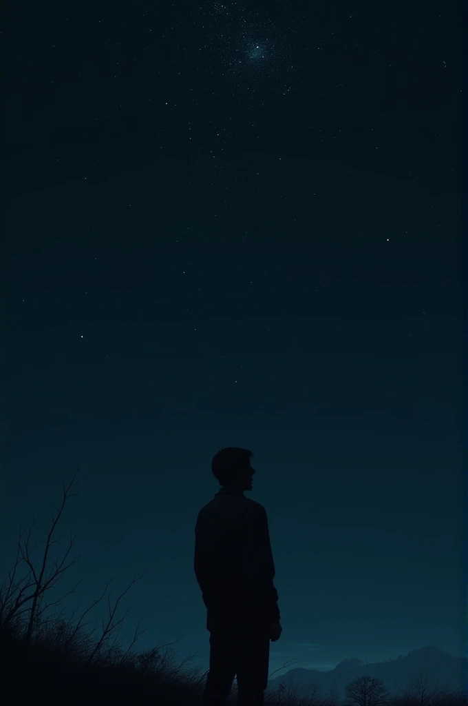 A lonely person looking up in a black silhouette with a dark night background