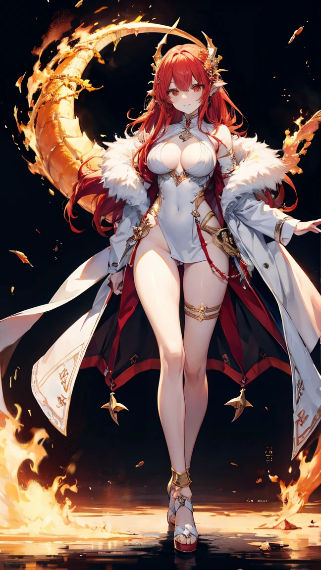 ,Highest quality,Red Hair,White skin,Orange Eyes,Very long hair,Large ,Dragon's Eye,fur,smile,naked,D Horn,Standing with your legs apart,Toned body,slender