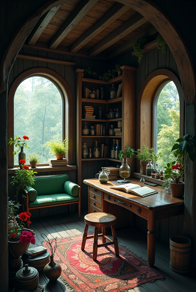 The inside of a square hut with purple and right windows. The color scheme is dark brown and dark green. The hut seems mysterious The hut consists of only one room, which looks like a mixture of living room, Workroom and laboratory. Colorful plants stood on the window sills of the two large arched windows. On the wall opposite the door stood a small green sofa surrounded by bookshelves. On the left side in front of the window was a large desk made of dark wood, on which some books were scattered. Opposite it stood a kettle and a few shelves with corked glass flasks. The windows are on the left and right wall. All wood is very dark brown and there is no window on the middle wall