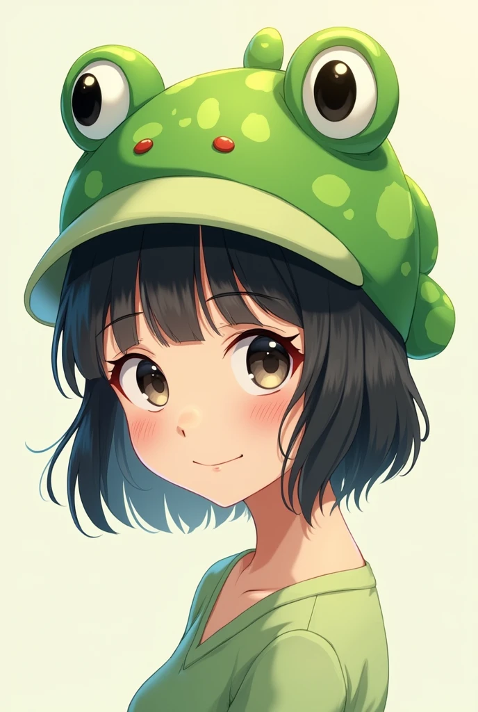 Drawing anime girl wearing green frog hat white skin black hair