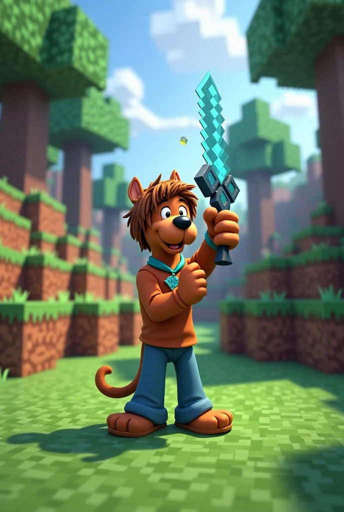 Shaggy from Scooby Doo Square in Minecraft holding a diamond sword