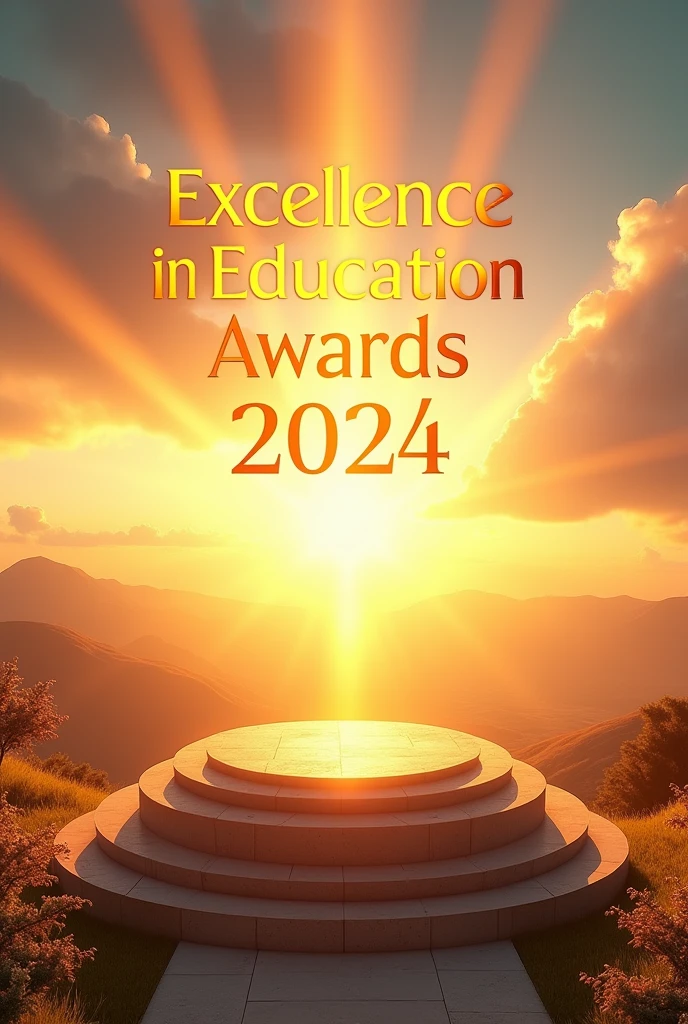 Depict a scenic horizon with rising rays of sunlight over a podium or stage. Place "Excellence in Education Awards 2024" prominently in the sky, symbolizing the dawn of new achievements and accolades.