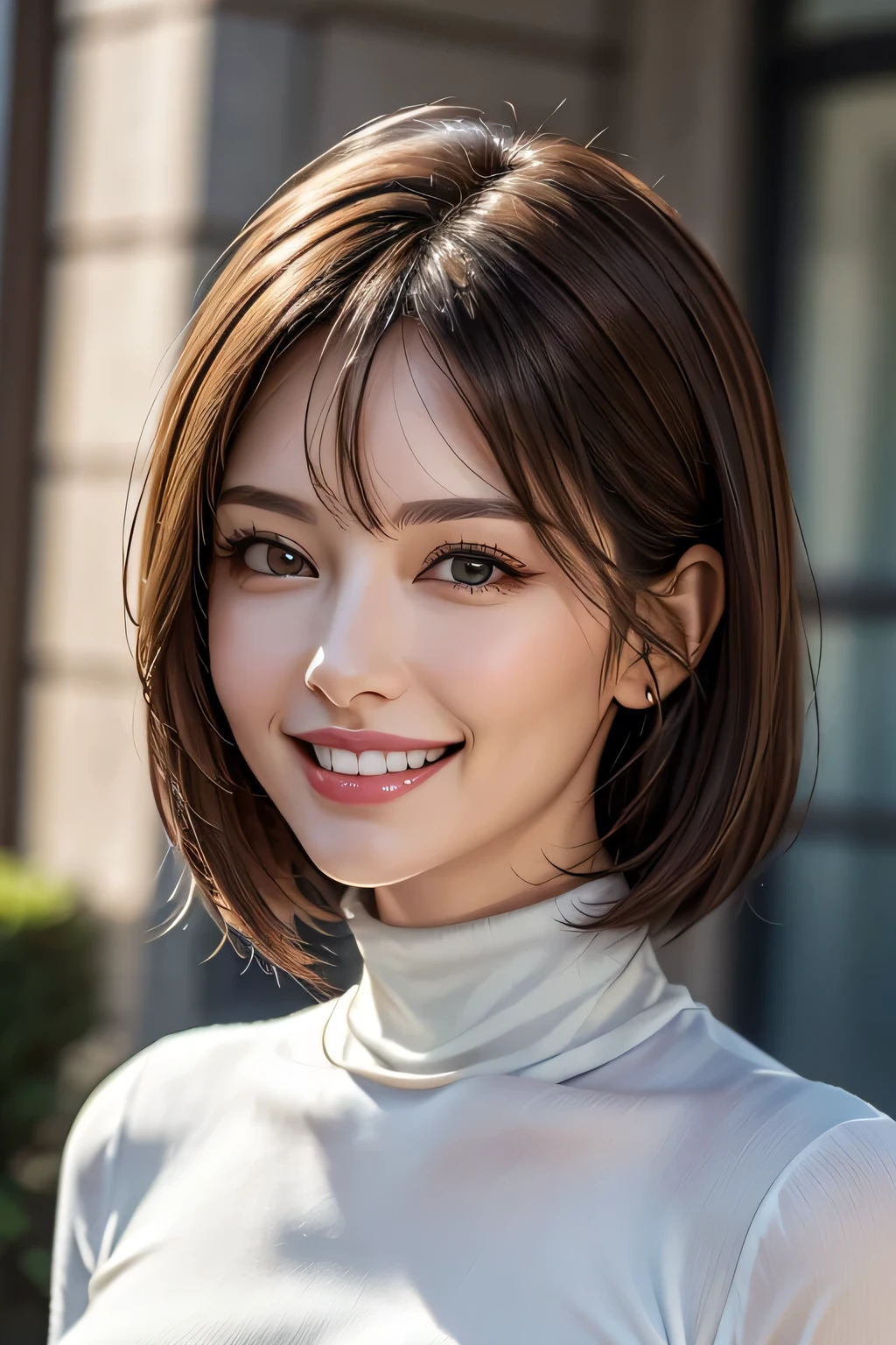 ((masterpiece)), ((Highest quality)), ((Complex)), ((Surreal)), (Realistic), (Mature Woman), ((There are no classes)), Very detailed, (1 female), Beautiful and exquisite, (Beautiful Teeth), Grin, Brunette bob hair, Brown eyes, ((Blue turtleneck)), (Upper Body), (background:none), Perfect Eyes, Captivating eyes, Looking at the audience