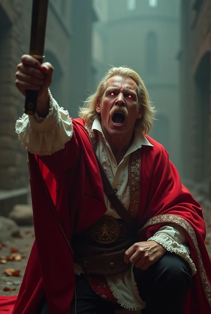 Nobleman, raised sabre in his hand, screaming wildly, wears red and white colours, blonde moustache, wounded in left arm, kneels on left knee, devil pupils, devil pupils, devil pupils, devil pupils, black hair, blonde hair, glowing eyes, angry, screaming, atmospheric perspective, atmospheric perspective, pov, cinematic lighting, depth of field, Social realism, Realism, UHD, masterpiece, accurate, anatomically correct, super detail, high details, high quality, award winning, best quality, highres