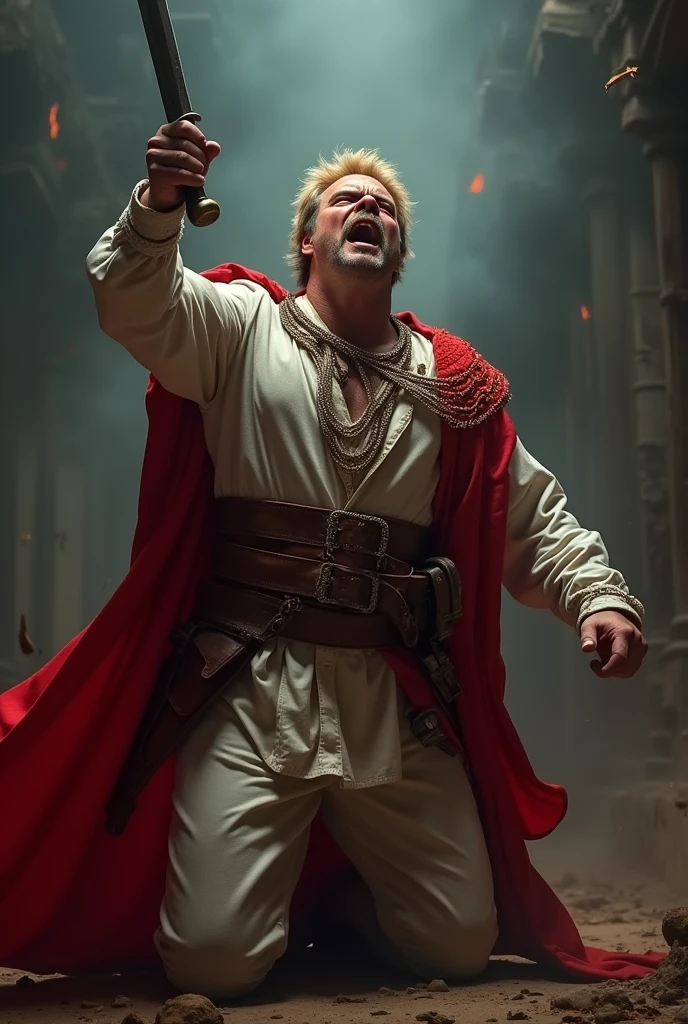 Nobleman, raised sabre in his hand, screaming wildly, wears red and white colours, blonde moustache, wounded in left arm, kneels on left knee, devil pupils, devil pupils, devil pupils, devil pupils, black hair, blonde hair, glowing eyes, angry, screaming, atmospheric perspective, atmospheric perspective, pov, cinematic lighting, depth of field, Social realism, Realism, UHD, masterpiece, accurate, anatomically correct, super detail, high details, high quality, award winning, best quality, highres