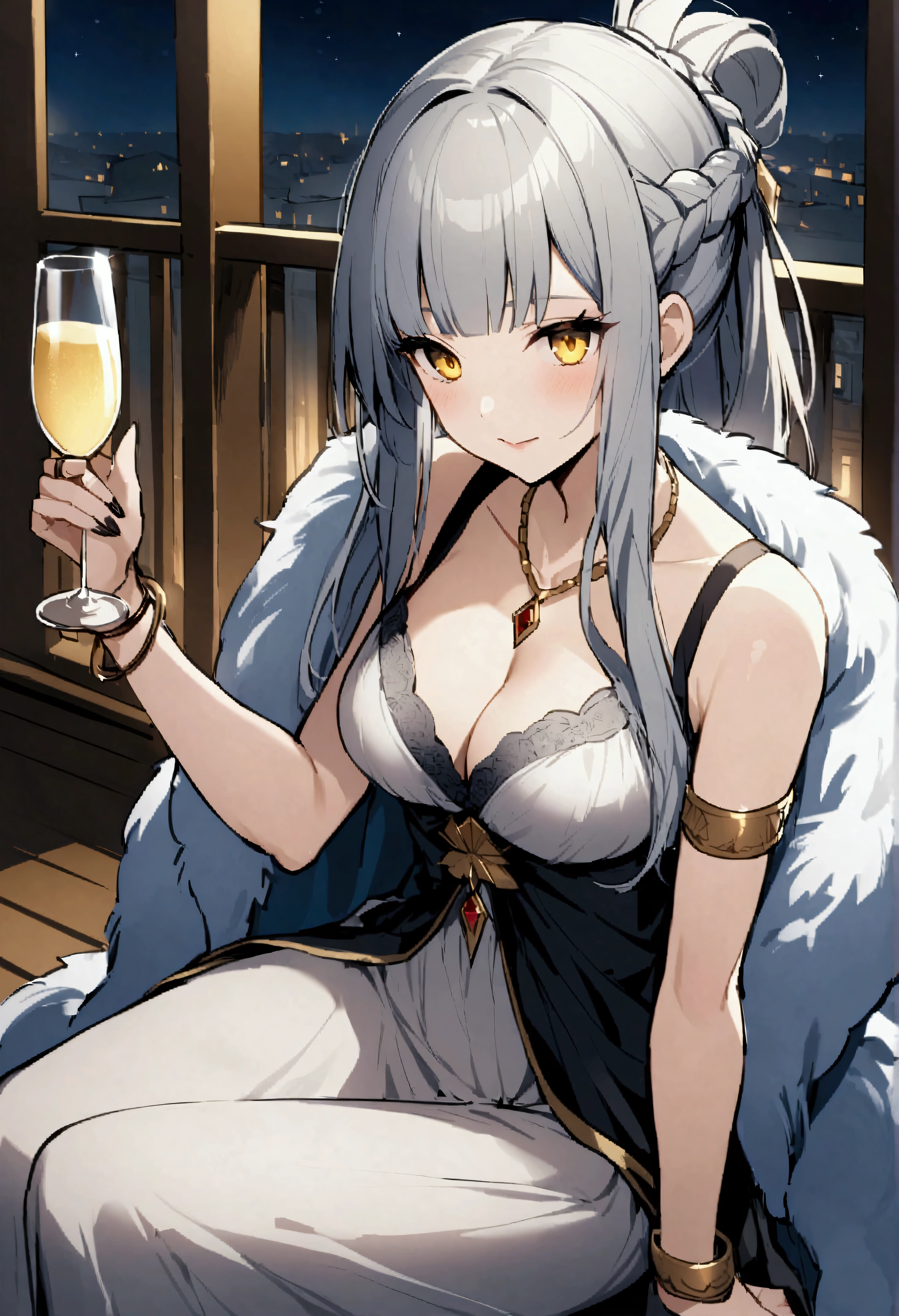 Penthesileia(destiny)、One person、Yellow Eyes、Blunt bangs、Grey Hair、Long Hair、Side Lock、French Braid、Folded ponytail、Night Dress、Cleavage、necklace、Armlet、Bridal Gauntlet、bracelet、jewelry、Fur coat、Sitting、bar、Holding a cup、Champagne、night、night空、balcony