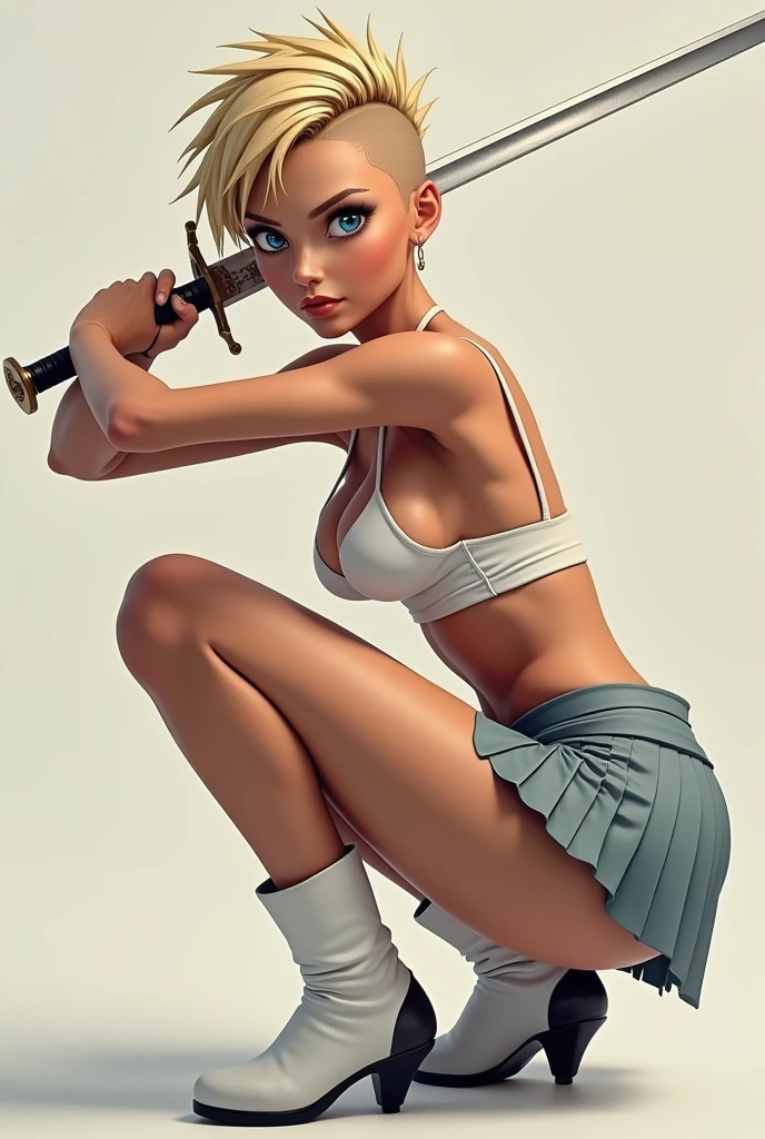 masterpiece, Best Quality, super rendering, super Realistic, High Detail Face, Clean and delicate face, whole body, Crouch and swing a long sword with one hand, grip the sword anatomically correctly, A tanned 19 year old girl, blue eyes, short mohawk blonde hair, parted bangs, forehead, wearing a camisole and pleated mini skirt, white high cut underwear, Sleeveless, black pantyhose, white short boots, glaring at the viewer, simple color background