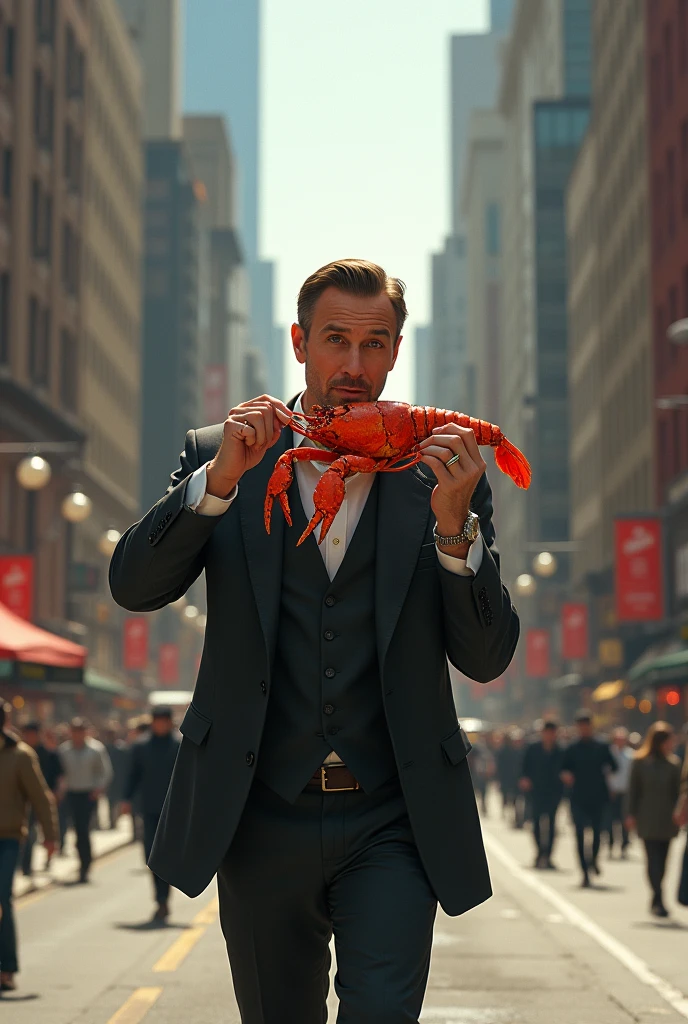 man walking down the street eating a lobster